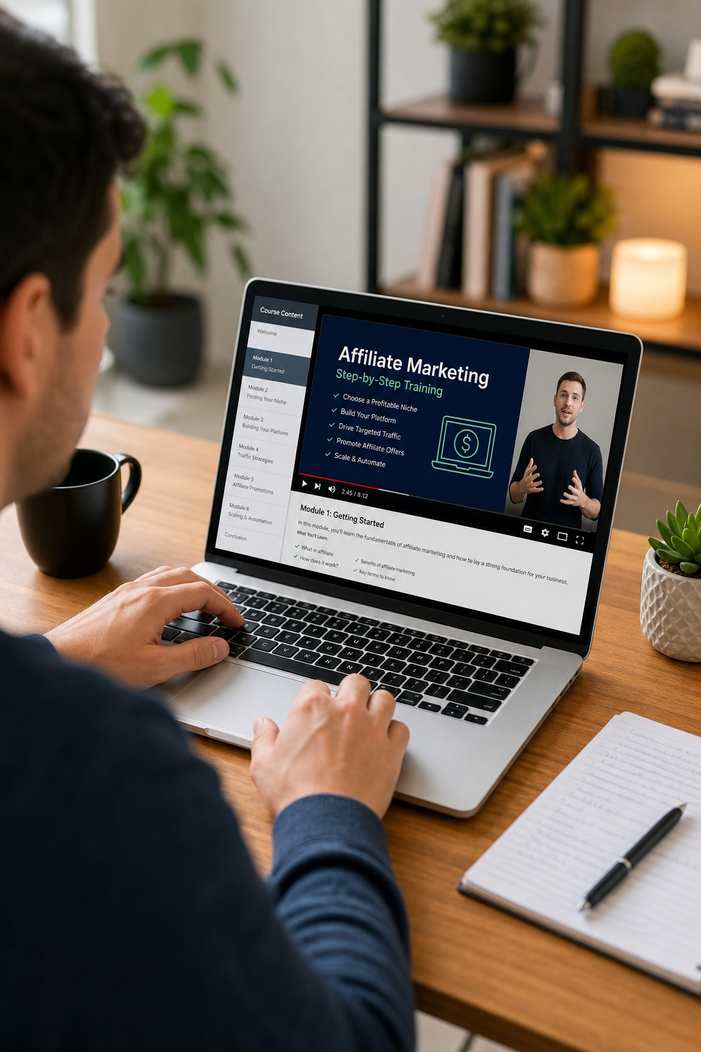 Professional lifestyle image showing a person reviewing affiliate marketing training on a laptop