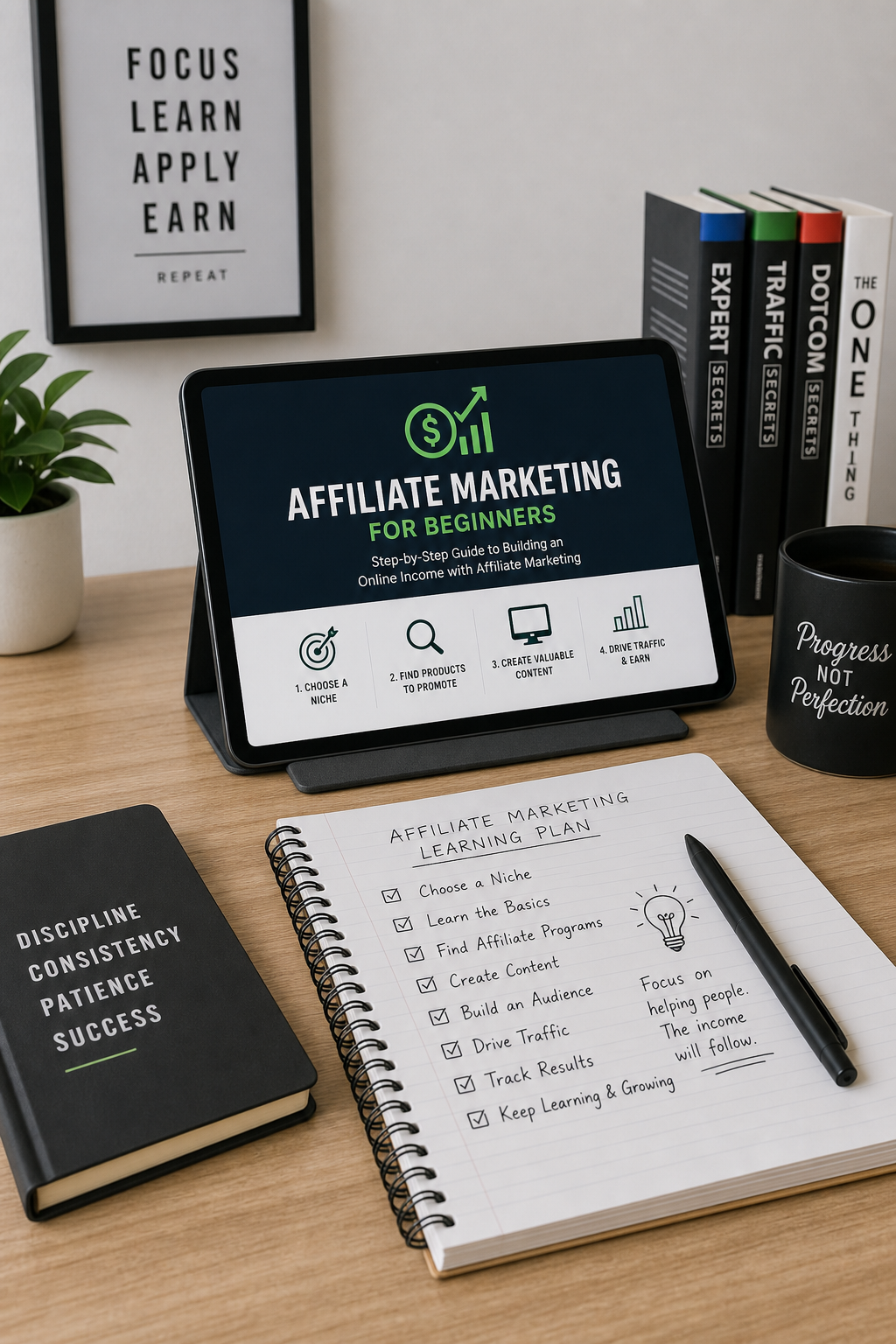Clean workspace with tablet and notebook used for learning affiliate marketing for beginners