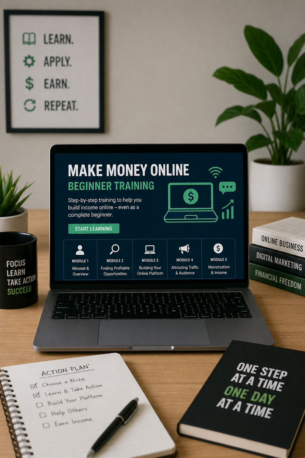 Professional desk scene representing beginner-friendly make money online training
