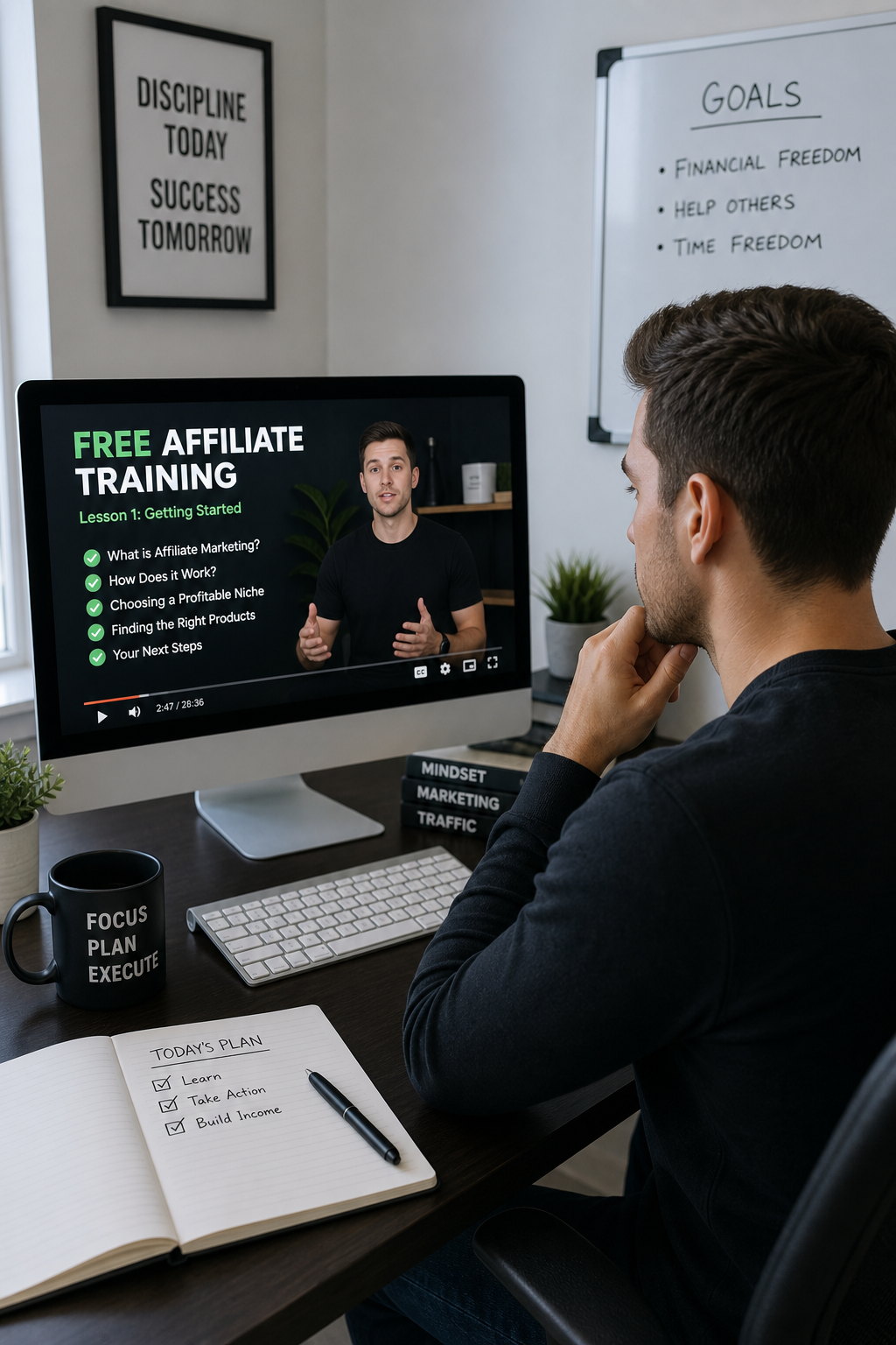 Focused entrepreneur watching free affiliate training on a computer in a clean office