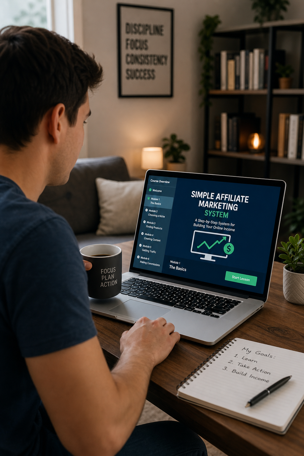 Beginner reviewing a simple affiliate marketing training system on a laptop at home