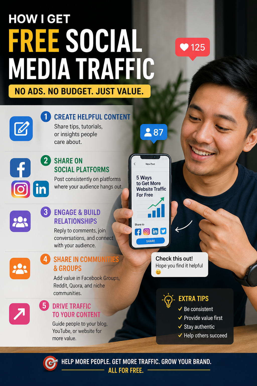 Person sharing content from a phone using free social media traffic methods