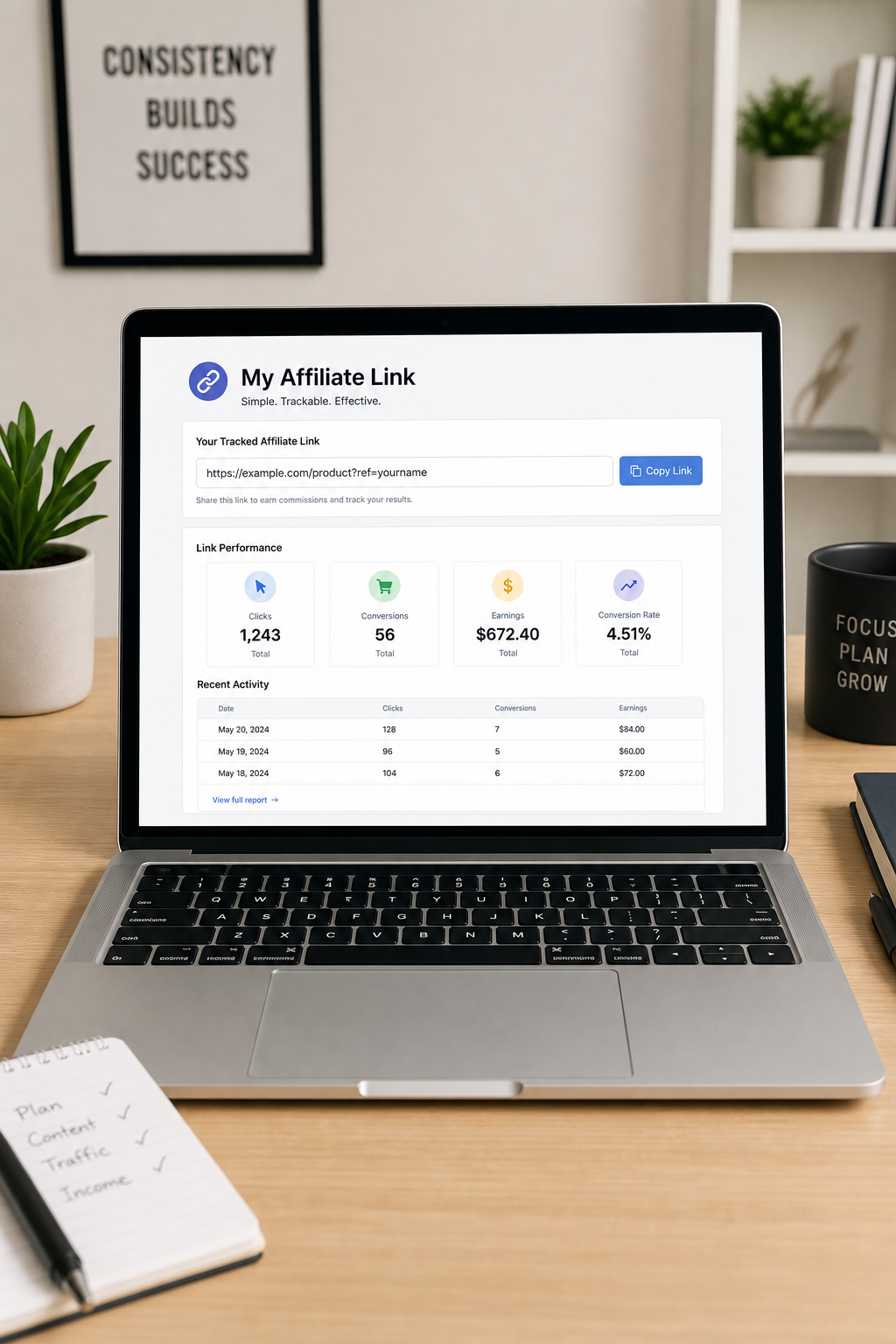 Laptop showing a simple tracked affiliate link setup in a clean workspace
