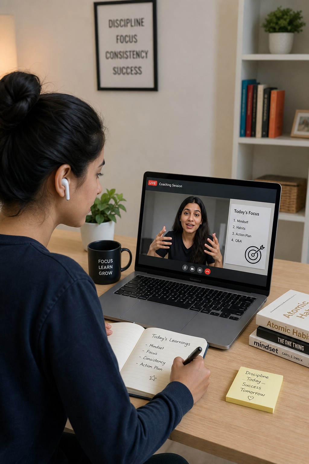 Beginner attending a live coaching session from a home office